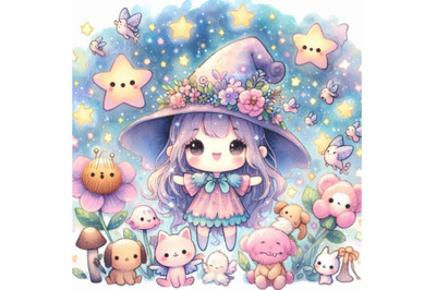 Kawaii 2D fairy surrounded by twinkling stars and tiny animals