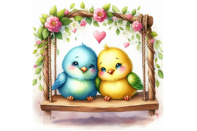 Two bright lovebirds nestled together on a swing.