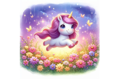 Cute 2D unicorn jumping through a field of glowing flowers