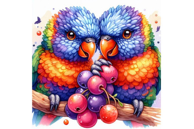 A pair of rainbow lorikeets nibbling on a fruit together.