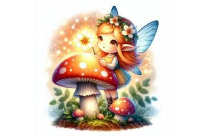 Tiny 2D fairy sitting on a mushroom, holding a glowing flower