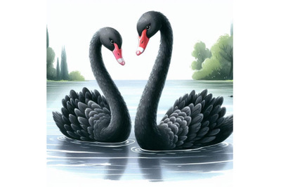 Two dainty black swans gliding side by side on a calm lake.