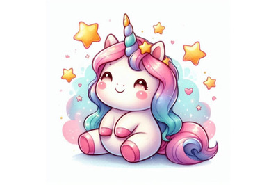 Kawaii 2D unicorn with a star-shaped saddle and a magical horn