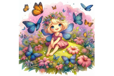 Cute 2D fairy surrounded by butterflies, smiling brightly