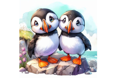 Two sweet puffins standing together on a rocky shore.