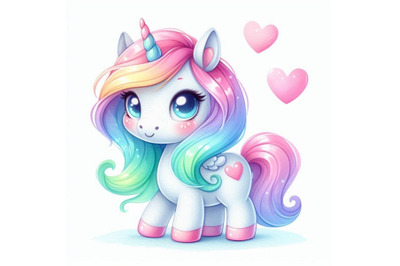 Adorable 2D unicorn with a pastel rainbow mane and heart-shaped eyes