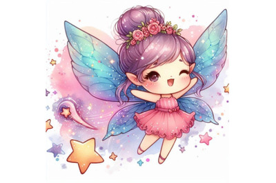 Kawaii 2D fairy flying with sparkles around her wings