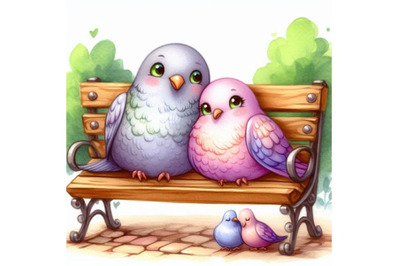 Two soft pastel-colored pigeons snuggling on a park bench.