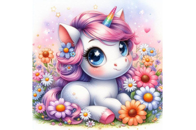 Cute 2D unicorn playing in a field of flowers with twinkling eyes