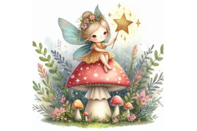 Tiny glitter fairy sitting on a mushroom, holding a sparkling star