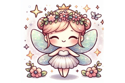 Kawaii 2D fairy with tiny twinkling wings and a flower crown