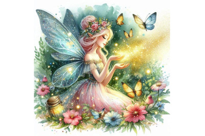 Glitter fairy surrounded by fireflies, sprinkling magical glitter dust