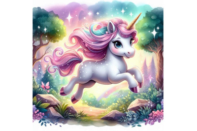 Cute 2D unicorn galloping through a magical forest with sparkles