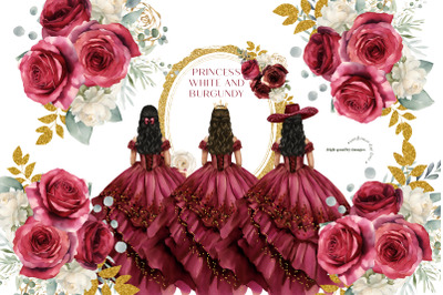 Burgundy Red Princess Charro Dress Clipart&2C; Red Gold Flowers