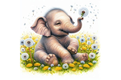 Baby elephant sitting in a field of dandelions, blowing seeds