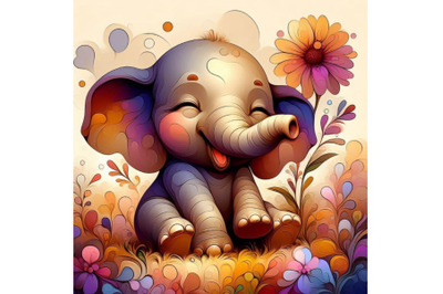 Baby elephant sitting in a field of flowers