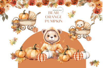 Fall Cute Bear Boho Rustic Pumpkin Clipart&2C; Fall Autumn&2C; Orange Pumpki