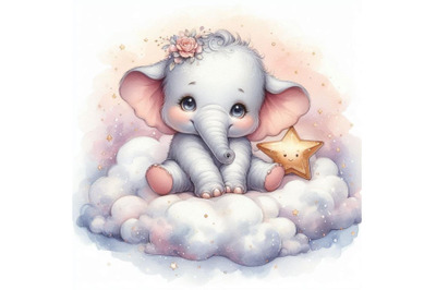 Baby elephant sitting on a soft cloud, holding a star