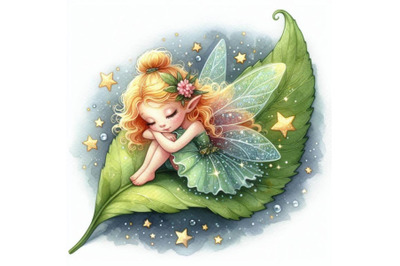 Tiny glitter fairy sitting on a leaf, surrounded by twinkling stars