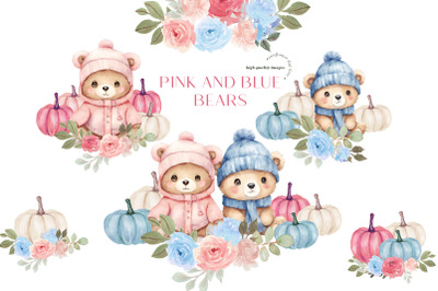 Fall Blue &amp;amp; Pink Cute Bear Pumpkin Clipart&2C; Fall Autumn Pumpkins