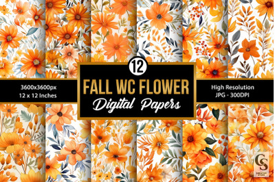 Fall Orange Watercolor Flowers Seamless Patterns