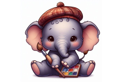 Baby elephant wearing a tiny artists beret, holding a paintbrush