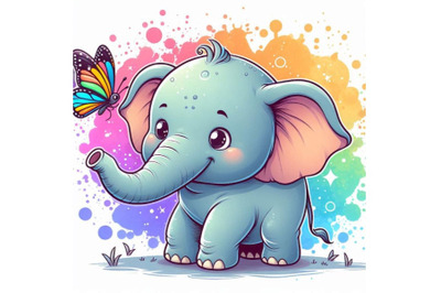 Baby elephant with a tiny butterfly on its tail&2C; smiling