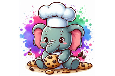 Baby elephant wearing a tiny chefs hat, baking cookies