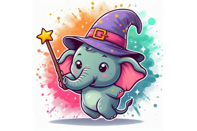 Baby elephant wearing a tiny wizard hat and holding a wand