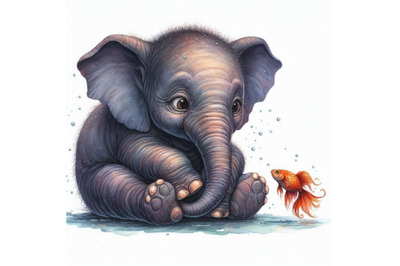 Baby elephant with a tiny fish friend swimming nearby