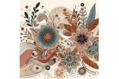 Boho floral design with earthy tones and intricate patterns