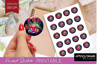 Neon Halloween Round Sticker - Cocktail Printable Stickers