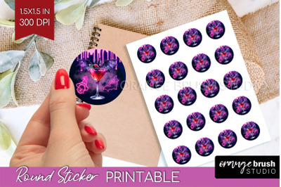 Neon Halloween Round Sticker - Cocktail Printable Stickers