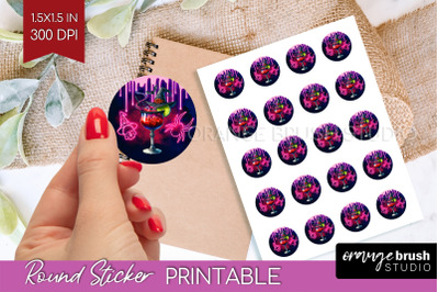 Neon Halloween Round Sticker - Cocktail Printable Stickers