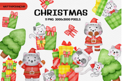 Watercolor Christmas Cat Clipart: Adorable Kittens with Gifts and Tree