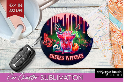 Neon Halloween Car Coaster PNG, Cocktail Coaster Sublimatoin