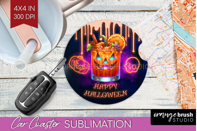 Neon Halloween Car Coaster PNG, Cocktail Coaster Sublimatoin