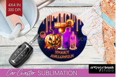 Neon Halloween Car Coaster PNG, Cocktail Coaster Sublimatoin