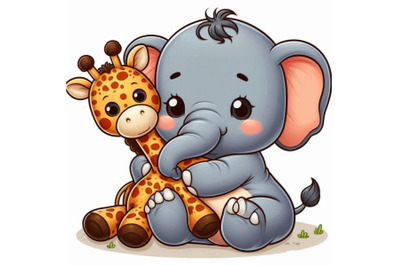 aby elephant cuddling with a plush toy giraffe