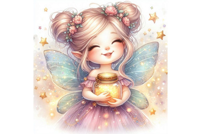 Adorable glitter fairy holding a tiny jar of glowing stars, smiling so