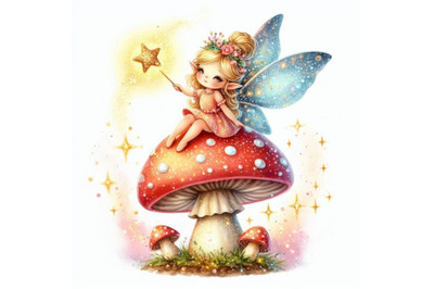 Adorable glitter fairy perched on a glowing mushroom, casting spells o