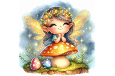 Adorable glitter fairy perched on a glowing mushroom, smiling gently