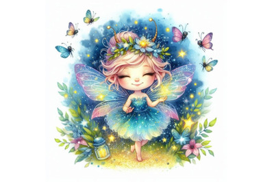 Adorable glitter fairy surrounded by fireflies, sprinkling magical dus