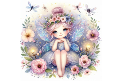 Adorable glitter fairy surrounded by tiny fireflies and magical flower