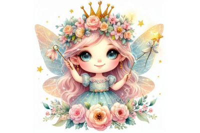 Adorable glitter fairy with a crown of glittery flowers and a glowing