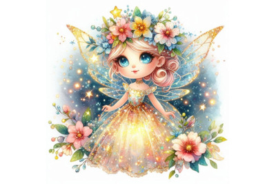 Adorable glitter fairy with a dress made of glowing flowers and stardu