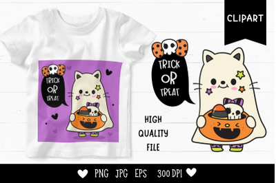 Halloween cat ghost with pumpkin candy kawaii cliparts