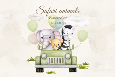 Safari animals. Travel by car. Watercolor sublimation. PNG.