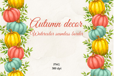 Autumn decor with pumpkins. Seamless border. PNG