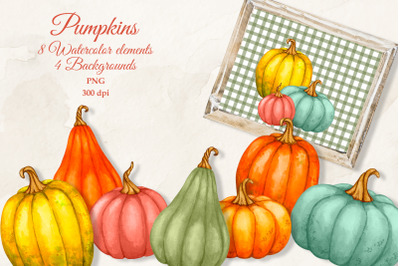 Pumpkins. Watercolor collection. PNG JPG.